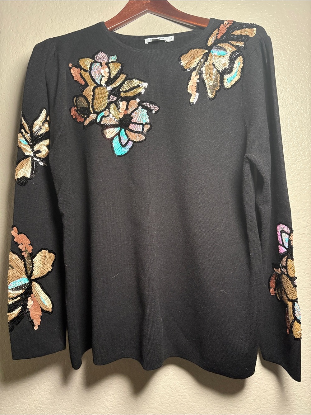 Chico's Black Sweater with Multicolor Sequin Floral Appliqués